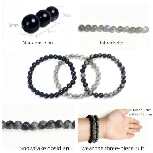 6mm Obsidian Labradorite Stackable Bracelet Set for Women | Round semi-precious stone beads elastic stretch fit calming yoga crystal, stackable daily wear & nice jewelry gift for women