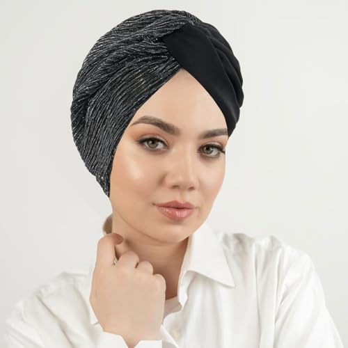 XYIYI Chemo Headwear Turban for Women, Cancer Patients Head Wrap Cover Hat for Hair Loss - color: Black Silver
