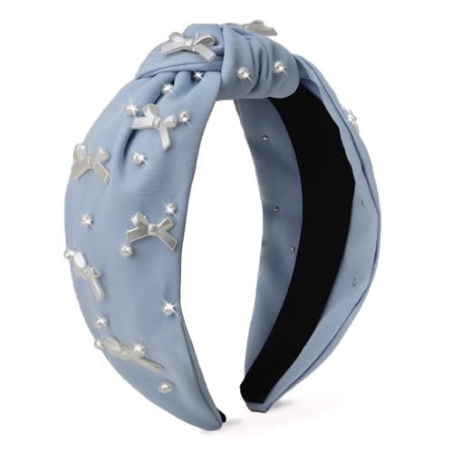 Blue Headband Bow Pearl Knotted Headbands for Women Girls Cute Fashion Wide Headbands for Women Non Slip Hairbands Head Bands for Women's Hair Bow Hair Accessories - color: Blue-02