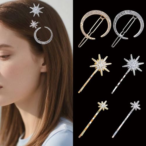 3 Pack Moon Star Hair Clips Gold Celestial Crystal Hairpins Hair Accessories for Women Bridal Wedding Party Festival Boho Style Hair Jewelry