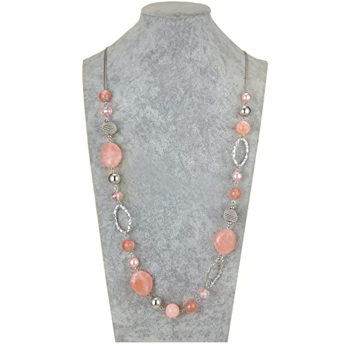BULINLIN Beaded Long Necklace for Women Silver Sweater Chain Necklace with Crystal Resin Beads, Fashion Jewelry Necklace - color: Pink