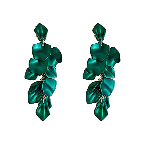 Long Acrylic Rose Petal Earrings Dangle Exaggerated Flower Earrings Drop Statement Floral Tassel Earrings for Women - color: Dark Green