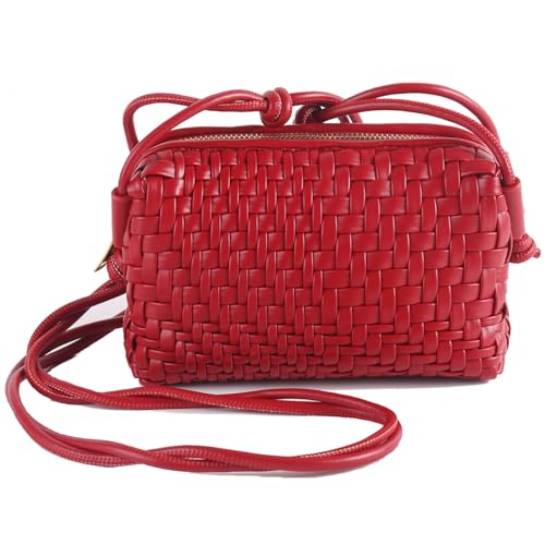 Woven Crossbody Bags for Women Handwoven Purses Vegan Leather Small Handbag Handmade Shoulderbag | Lightweight - color: Red