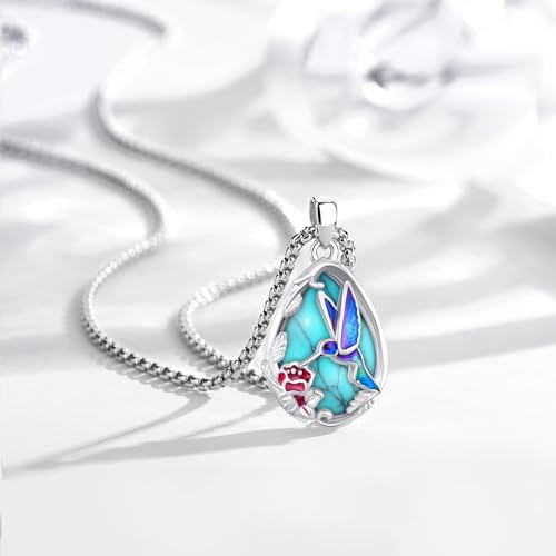 Turquoise/Amethyst/Moonstone/Black Onyx Tree of Life Necklace for Women Hummingbird Necklaces White Gold Plated Copper Jewelry - style: Hummingbird- Turquoise