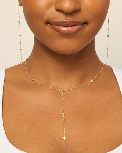 PAVOI 14K Gold Plated Drop Lariat Chain for Women - Cubic Zirconia Long Necklace - Station Star Layered Beaded Y Necklace - style: Station