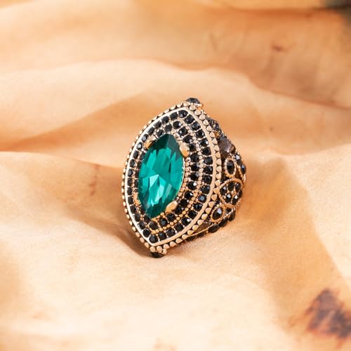 Women Ring - 32mm Big Size Antique Gold Plated Turkish Style Green Black Gemstone Vintage Ring Women Jewelry J0769GreenBlack