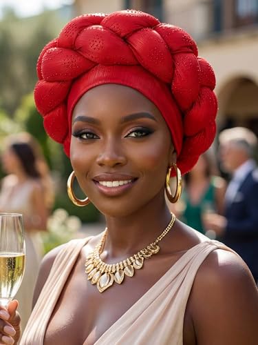 Woeoe African Headwrap Gold Braided Turbans for Women - color: Red