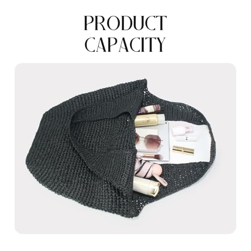 Beach Bags for Women,Summer Soft Large Woven Shoulder Handbags Boho Straw Tote Bags for Travel Vacation 2026 - color: Black