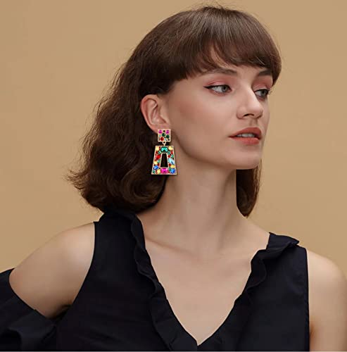 Rhinestone Rectangle Statement Earrings Colorful Crystal Geometric Drop Dangle Earrings for Women Prom Party - color: colorful