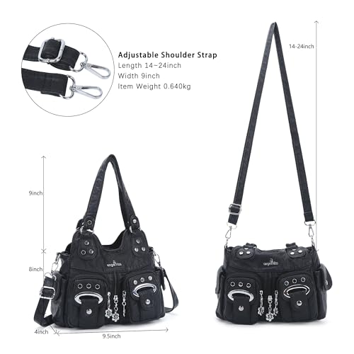 Angel Kiss Small Hobo Purses for Women, Washed Vegan Leather Multi-Pocket Purse, Shoulder Handbag with Adjustable Strap - color: Black