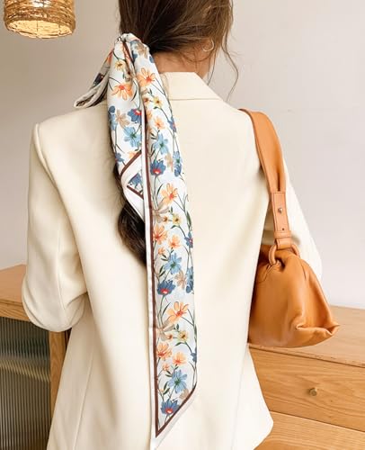 Hioyiwse Head Scarf Hair Neck Scarves For Women Purse Bag Scarfs For Handbags Silky Long Thin Satin Headscarf Fashion - color: B1-colorful Flowers