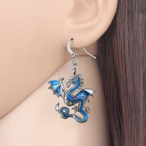 Enamel Alloy Dinosaur Fantasy Dragon Earrings Drop Dangle Unique Animal Jewelry For Women Dragons Gifts - color: Cobalt