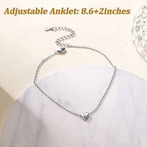 Suplight 925 Sterling Silver Initial Heart Anklets for Women Dainty Ankle Bracelets Letter Anklet Adjustable Plus Size Foot Chain Summer Beach Boho Jewelry - color: W