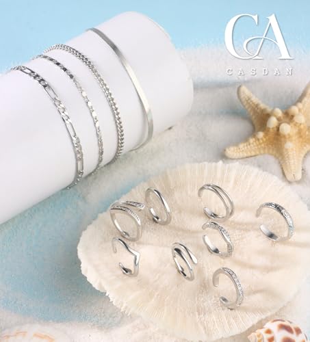 CASDAN 13Pcs Toe Rings and Ankle Bracelets for Women Silver Gold Layered Anklets Chain Adjustable Open Tail Toe Ring Beach Foot Jewelry for Summer - color: Silver,B