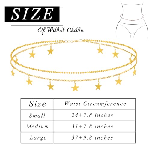 ELABEST Layered Gold Belly Chain 14K Plated Waist Chian Adjustable Sexy Waist Jewelry for Women - size: M(31inch+7.8inch), style: D