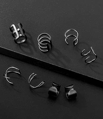 Tornito 4-10 Pairs Stainless Steel Ear Cuff Helix Cartilage Clip On Wrap Earrings Fake Nose Ring Non-Piercing Adjustable - color: F1:10 Pairs, Silver&Black Tone