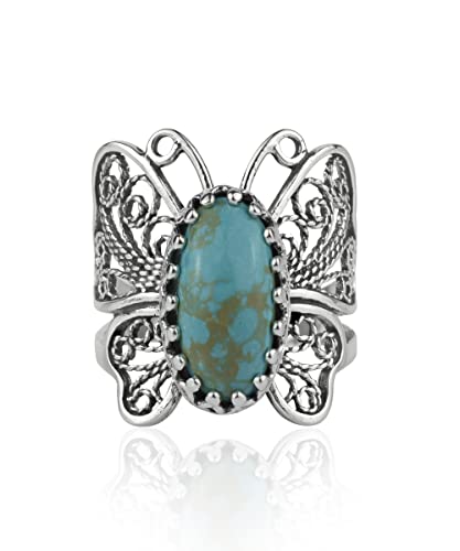 Filigranist Sterling Silver Filigree Art Butterfly Women Cocktail Ring with Gemstones - color: Turquoise