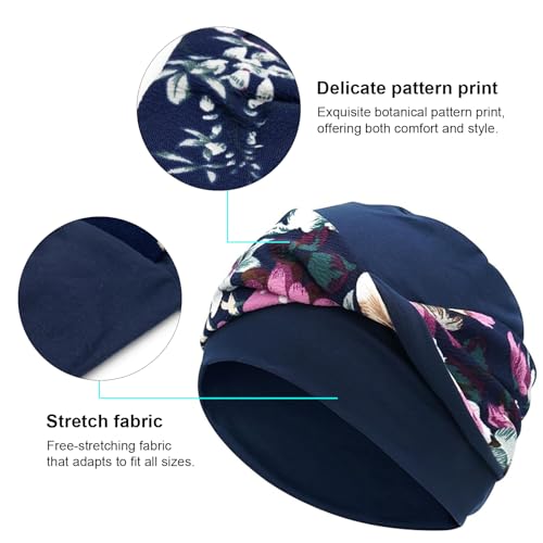 Women Knot Slouchy Beanie Chemo Hat Twist Stretch Cancer Head Wraps Sleep Head Scarf - color: Navy Blue Flowers