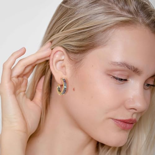 Trendy 14K Gold Plated Hoop Earrings for Women, Chunky Gold/Silver Earrings for Women Cubic Zirconia Baguette Hoop Earrings Heart Hoops Lightweight Hypoallergenic Jewelry,25mm/35mm/40mm/50mm - color: 01 Gold Mystic Rainbow Hoops 25mm
