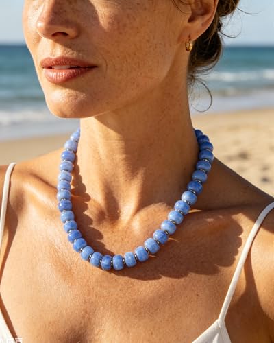 Chunky Beaded Statement Necklace for Women Trendy Colorful Boho Resin Bead Choker Necklaces Summer Handmade Jewelry Gifts Accessories - color: Blue - 1