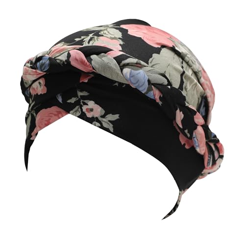 ZLYC Chemo Headwear for Women Pre Tied Turban Headwear Lightweight Beanie Hat - color: Braid Floral Pink Black