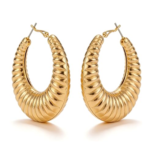 Gold Textured Hoop Earrings for Women, Lightweight Chunky Gold Hoop Earrings with 3D Ribbed Texture, Hypoallergenic Large Round Hoop Jewelry for Daily Party Wear