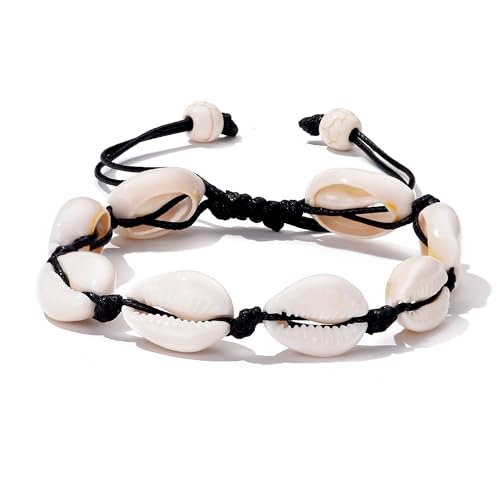ATIMIGO Adjustable Nature Puka Shell Ankle Bracelet Cowrie Shell Anklet Handmade Boho Hawaiian Beach Surfer Seashell Braided Anklet Foot Jewelry for Women - color: black string cowire shell anklet