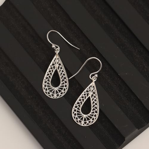 LeCalla Sterling Silver Dangle Earrings for Women | 925 Sterling Silver Long Interlocked Handmade Textured Drop Earring for Women - color: Classic Filigree Drop