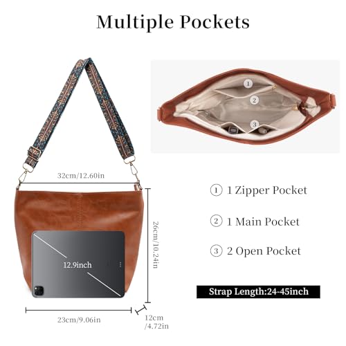 Hobo Bags for Women Crossbody Bag Guitar Strap Purse Vegan Leather Shoulder Handbags Boho Purses Tote Bucket Bag - color: Brown