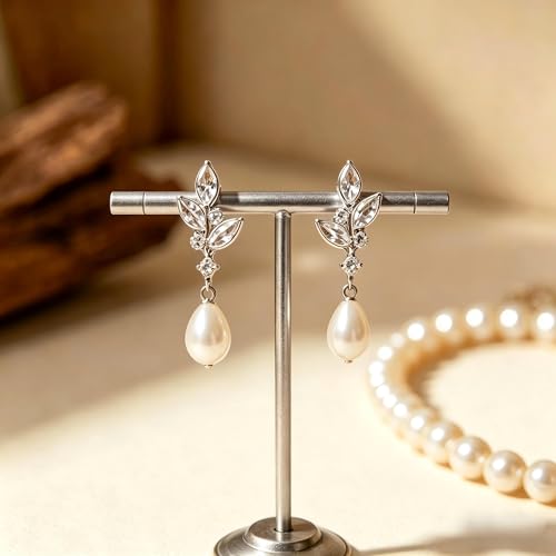 Pearl Earrings for Women, 14k Gold Plated Trendy Diamond Pearl Drop Earrings Hypoallergenic Dainty Bridal Gifts Wedding jewelry for Women - color: B—Silver