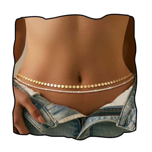 Rhinestone Waist Chains Crystal Waist Chain with Pendant Abdominal Chain Thin Minimalist Body Chain Jewelry for Women Beach Rave - style: C-R+Beads-Gold