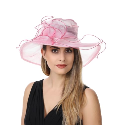 SAFERIN Women's Organza Church Fascinator Bridal Tea Party Wedding Hat - color: Tz-pink Rose Red