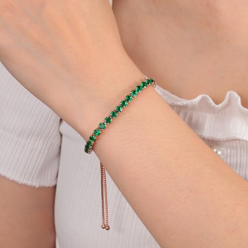 CiNily Adjustable Tennis Bracelets for Women Teen Girls Rainbow Cubic Zirconia Bracelet 14K White Gold Plated Hypoallergenic Slider Bracelet Jewelry Gift - color: Rose Gold-Green