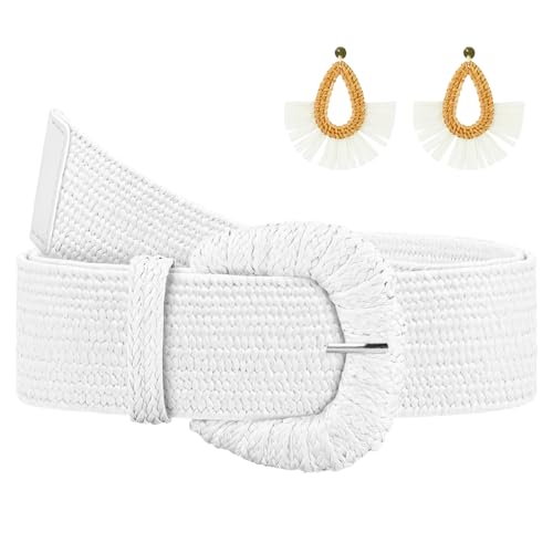 Straw Woven Elastic Belt for Women, Boho Braided Raffia Waist Belt, Stretch Rattan Belt for Summer Dresses - color: D Ring Buckle-white-with Earrings, size: M: Fit waist size up to 35"