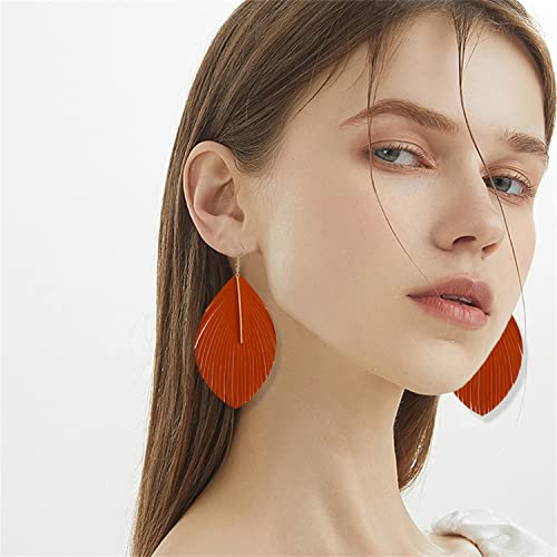 Minimalist Handmade Lightweight Large Soft Faux Leather Fringe Feather Dangle Drop Earrings Bohemian Huge Leaf Hook Earrings with Bar for Women - color: Orange