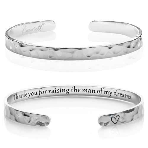 Carviell Bracelet - Gifts for Women – Inspirational, Friendship, Love, Mom, Daughter, Sister, Christian, Graduation, Memorial & Wedding Gifts – 100+ Phrases – Stainless Steel, Gift-Ready - style: WEDDING Groom's Mother Gift -Thank you for raising the man
