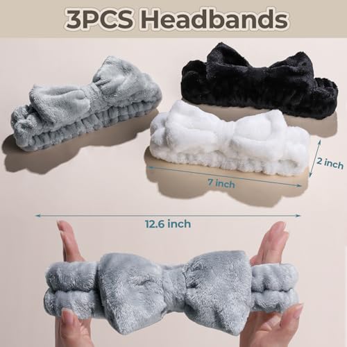 LEOBRO Spa Headband, 6pcs Makeup Headbands and Hair Scrunchies, Bow Skin Care Headband for Washing Face for Teen Girls Women, Easter Basket Valentines Gifts for Girls, Black & White & Gray - color: Black, White, and Gray