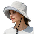 Women's Summer Sun Hat - Reversible Design with Striped Lining Adjustable Brim for Travel and Outings Cap - color: Stripes-gray