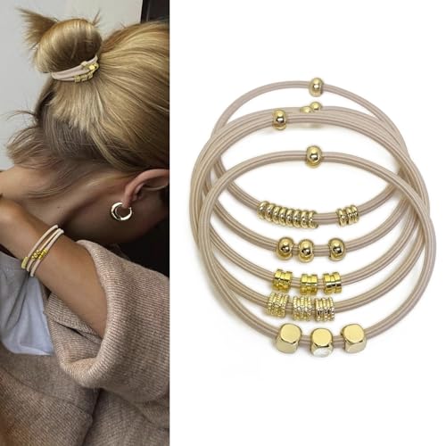 Blonde Boho Hair Ties Bracelet, Cute Ponytail Holders with Gold Bead Jewelry for Women, Trendy Elastic Hair Accessories for Thick, Thin, Curly Hair (Beige) - color: Beige-06
