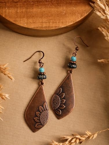 MINACHI Boho Antique Copper Tone Sunflower Teardrop Dangle Drop Earrings for Women with Turquoise Beads, Vintage Rustic Statement Jewelry Gift