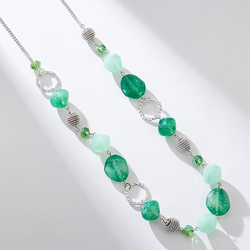 BULINLIN Beaded Long Necklace for Women Silver Sweater Chain Necklace with Crystal Resin Beads, Fashion Jewelry Necklace - color: 53-Dark light jade green