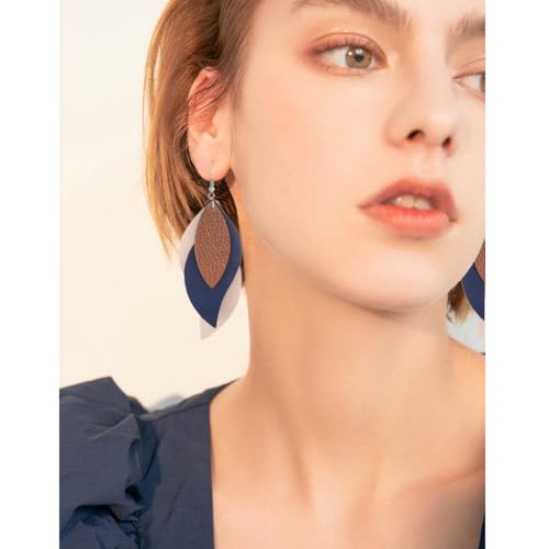 ANXIN boho unique Leather Earrings 2 Layered Lightweight Faux Leather Leaf Earrings Layered Design Drop Earrings Gift for Women - color: Style B