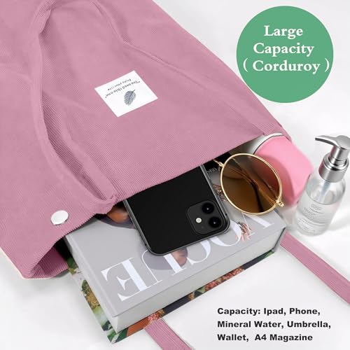 Corduroy Tote Bag for Women Small Canvas Shoulder Purse Cord Handy Bag with Inner Pocket | with Front Pocket - color: 02 Pink