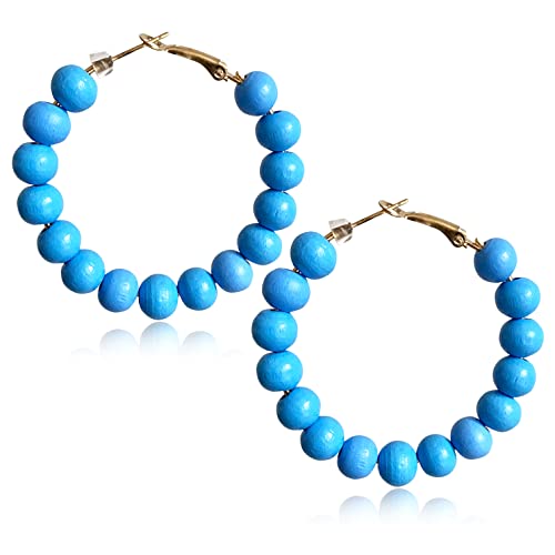Handmade Nature Wooden Beaded Hoop Earrings Bohemian Minimalist Colorful Circle Round Wood Bead Earrings Vintage Chic Wooden Ethnic Dangle Drop Earrings for Women Statement Jewelry Gifts - color: Sky Blue