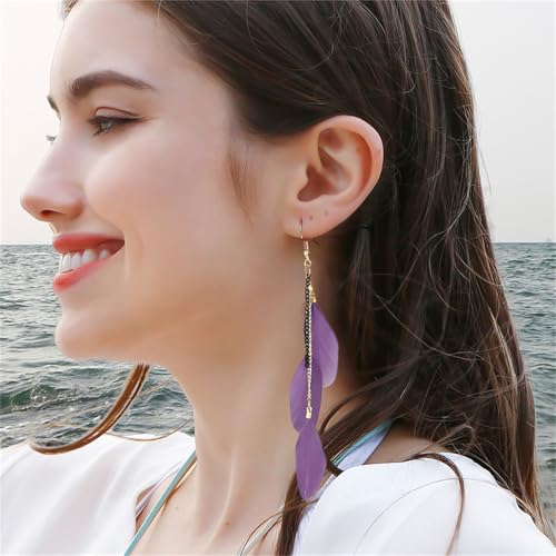 coadipress Boho Piercing Tassel Feather Long Chain Earrings Retro Lightweight Native Feather Dangle Drop Earrings for Women Bohemian Handmade Natural Feathers Earring Jewelry - color: Purple