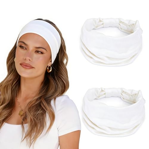 2 Pack White Wide Headbands for Women - Thick Stretchy Non Slip Fabric Sweat Bands, Soft Hair Bands for Workout, Running, Spa, Makeup & Washing Face - color: 2 Color (White+White)