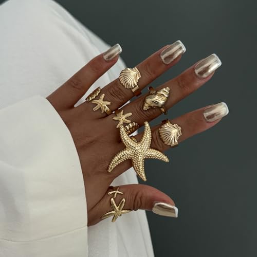 MIFYNN Chunky Gold Starfish Seashel Ring for Women Dainty Conch Pearl Ring Set Boho Ocean Stackable Rings Fashion Adjustable Beach Statement Rings Set Summer Charm Jewelry for Women - color: Gold-7Pcs