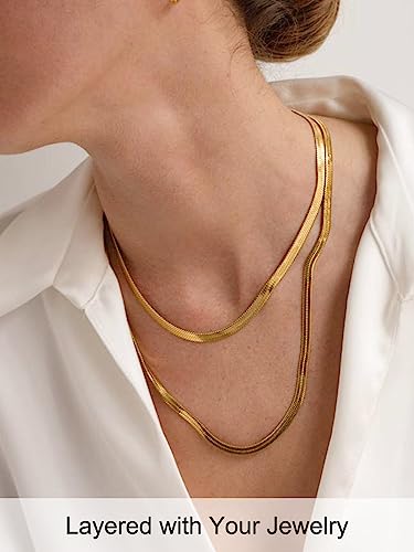 FOCALOOK 14K Gold Plated Necklaces for Women, Fashion Herringbone Choker Necklace Stainless Steel Flat Snake Chain 3/5MM(W) 12.5"/15"/18"+3.5"(L) - color: 5MM-14K Gold-15"