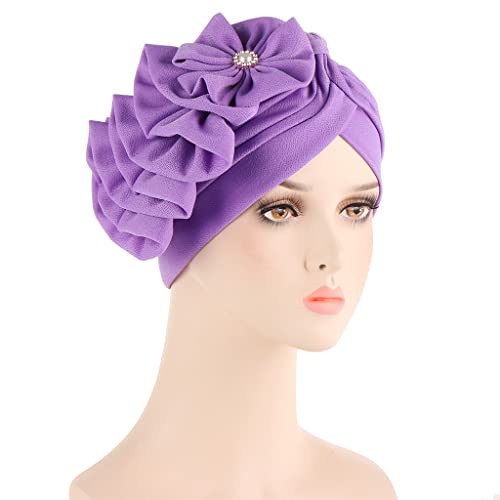 Flower Turban Hats for Women - Ruffle Bead Stretch Solid Caps Chemo Cancer Pre Tied Headscarf Headwear - color: Light Purple