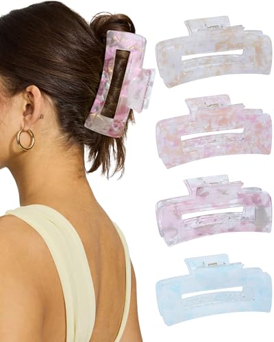 4Pcs Large Acrylic Hair Claw Clips, Nonslip Cute Hair Clips for Thick Hair and Long Hair, Rectangle Marble Claw Clips Hair Accessories for Women and Girls - color: Silver + Rose Pink + Purple + Blue